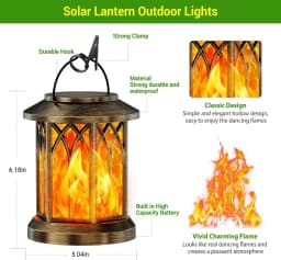 Waterproof Flickering Flame Solar Lantern Outdoor, Auto On/Off Hanging Bronze Lantern for Yard Garden Patio Table Decor