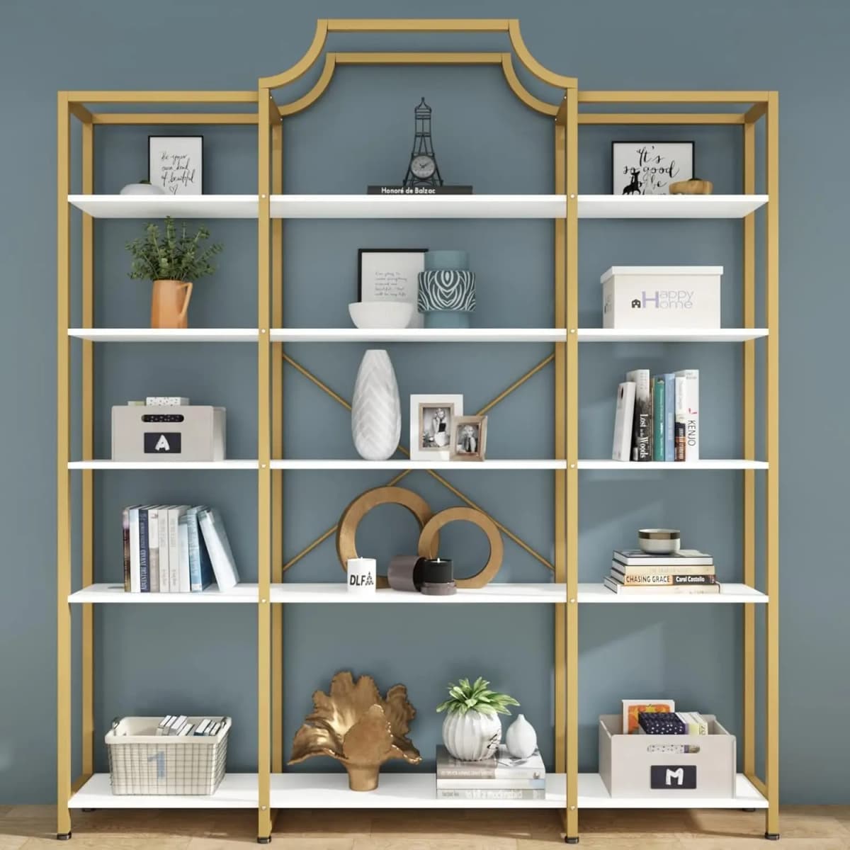 Extra Wide 5-Tier Bookshelf 70.87in Large Gold Bookcase Metal Frame Tall Display Storage for Home Office, Customized
