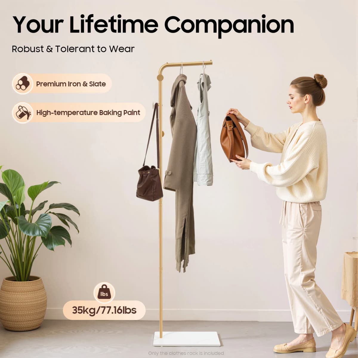 L-shape Coat Rack 170cm/66.93in, Freestanding Classic Gold Coat Rack 3 Hooks, for Hallways, Bedrooms, Living Rooms, Bathrooms