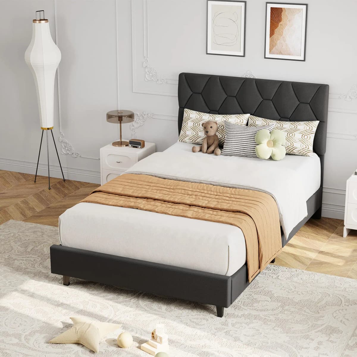 Twin XL Bed Frame Upholstered Platform Mattress Foundation Adjustable Headboard Quiet Heavy Duty No Box Spring Required