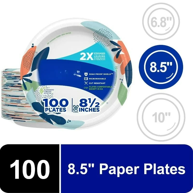 Disposable Paper Plates, 8.5", Multi-Color, 100 Count