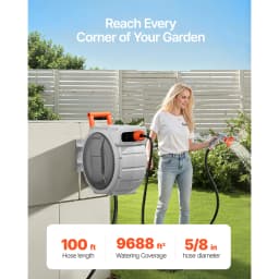 SucceBuy 5/8 Inch x 100ft Retractable Garden Hose Reel with 9 Patterns Nozzle Upgraded Slow Return System and 180°Swivel Bracket