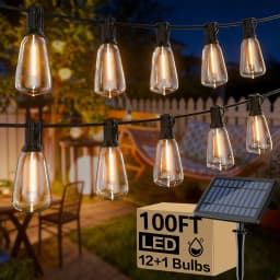 ST38 Solar String Lights 100FT Outdoor, 24 E12 LED Bulbs 2700K Warm White, Waterproof Shatterproof Black Wire Patio Lights