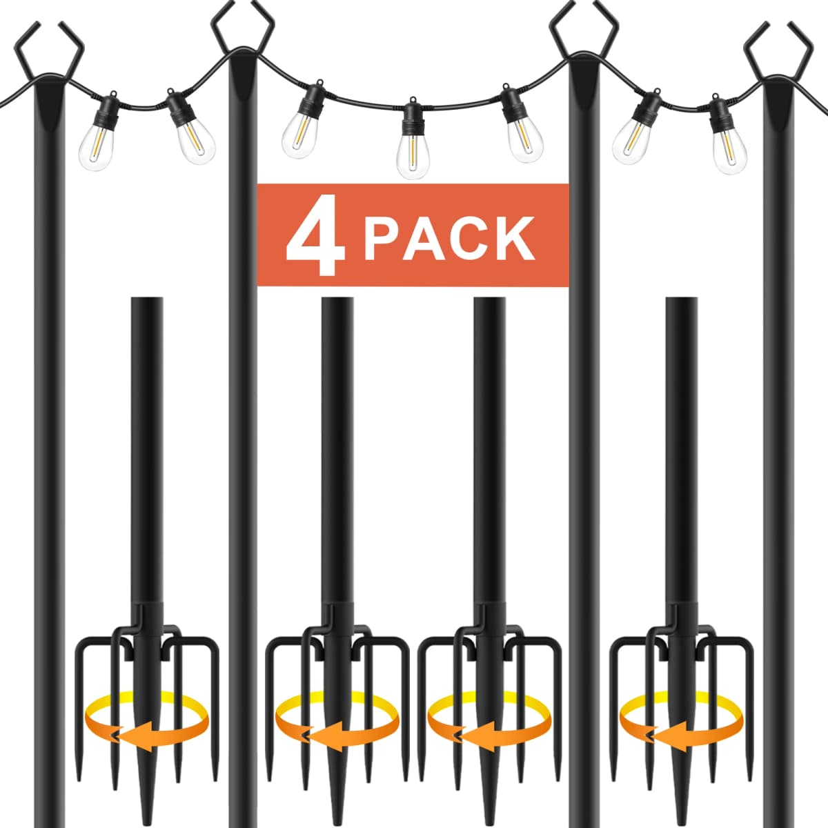 10Ft Outdoor String Light Poles 4 Pack Metal Stand with Fence Brackets Heavy Duty Hanging Light Pole for Deck Patio Backyard Garden Wedding Party Festoon Globe String Lights Support Pole