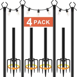 10Ft Outdoor String Light Poles 4 Pack Metal Stand with Fence Brackets Heavy Duty Hanging Light Pole for Deck Patio Backyard Garden Wedding Party Festoon Globe String Lights Support Pole