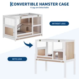 Wooden Guinea Pig Cage Indoor with Stand, 38' 2-Story Rabbit Hutch W/Ramp & Hideout, Clear Vision, Leak-Proof Pull-Out Tray, Lockable Door, Bunny Hamster Habitat