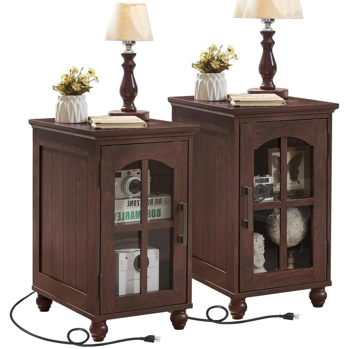 Narrow Side Table Set of 2,Farmhouse Nightstand with Charging Station,End Table with Glass Barn Door Storage,, Customized