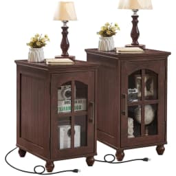 Narrow Side Table Set of 2,Farmhouse Nightstand with Charging Station,End Table with Glass Barn Door Storage,, Customized