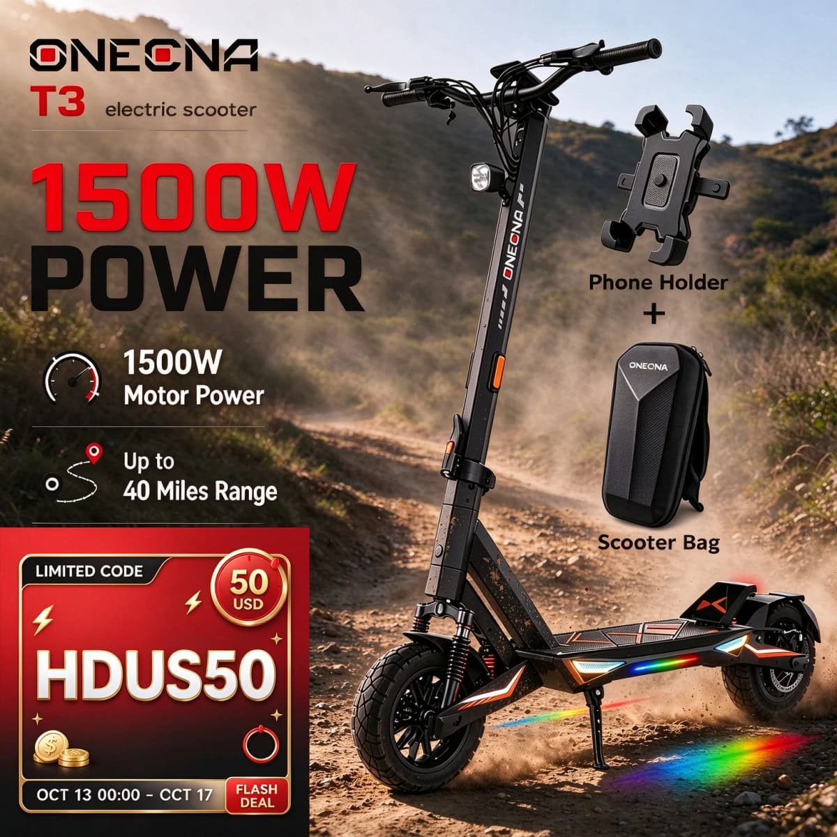ONECNA T3PRO T3 Electric Scooter 32MPH,1500W 1000W Fast E-Scooter for Adults and Teens,10 Inch Off-Road Tires, Portable and Foldable Long Range Escooter Commuter RGB