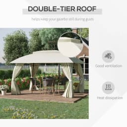 13' X 10' Patio Gazebo, Double Vented Canopy Shelter, Curtains, Steel, Beige