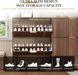 Shoe Storage Cabinet with 2 Flip Drawers,Slim Fluted Shoe Rack Cabinet with Open Storage,Wooden Hidden Shoe Rack Freestanding Narrow Shoes Organizer for Hallway, Entrance,Foyer