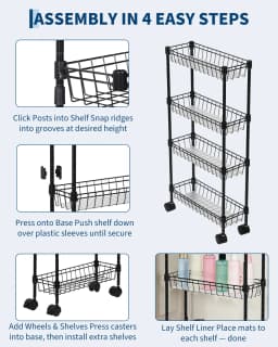 3-Tier/4-Tier Slim Rolling Storage Cart Narrow Metal Utility Cart on Wheels Metal Utility Cart with Adjustable Shelving Basket, Space-Saving, Narrow Corner Organizer for Kitchen Bathroom Laundry