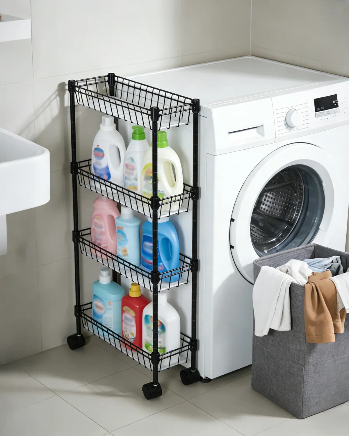3-Tier/4-Tier Slim Rolling Storage Cart Narrow Metal Utility Cart on Wheels Metal Utility Cart with Adjustable Shelving Basket, Space-Saving, Narrow Corner Organizer for Kitchen Bathroom Laundry