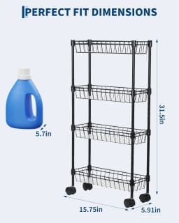 3-Tier/4-Tier Slim Rolling Storage Cart Narrow Metal Utility Cart on Wheels Metal Utility Cart with Adjustable Shelving Basket, Space-Saving, Narrow Corner Organizer for Kitchen Bathroom Laundry