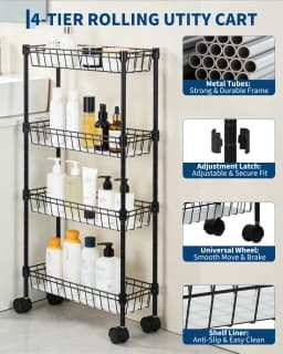 3-Tier/4-Tier Slim Rolling Storage Cart Narrow Metal Utility Cart on Wheels Metal Utility Cart with Adjustable Shelving Basket, Space-Saving, Narrow Corner Organizer for Kitchen Bathroom Laundry