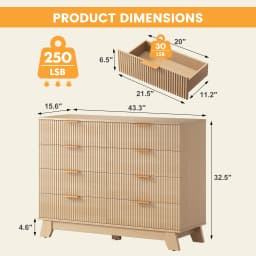 JHK 8 Drawer Dresser Fluted Wooden Cabinet Wide Modern Chest of Drawers with Gold Metal Handles Storage Organizer Unit for Living Room Hallway