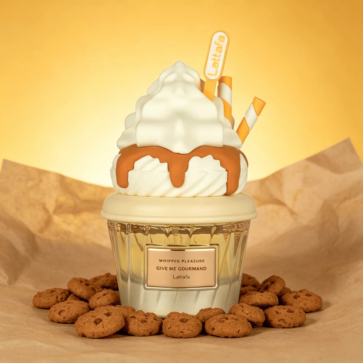 Lattafa Whipped Pleasure Give Me Gourmand EDP Perfume For Women Rich Buttery Caramel Milky Vanilla Gourmand Aroma Long Lasting Unique Gradient Beige Cup Bottle With Orange Striped Straw Decor Daily Dating Present