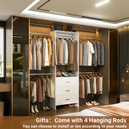 Aheaplus Closet System Closet Organizer with 3 Wooden Drawers Walk-in Closet Wardrobe with 4 Hanging Rods Clothes Rack Garment Organizer