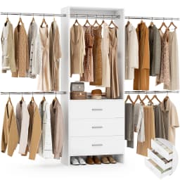 Aheaplus Closet System Closet Organizer with 3 Wooden Drawers Walk-in Closet Wardrobe with 4 Hanging Rods Clothes Rack Garment Organizer