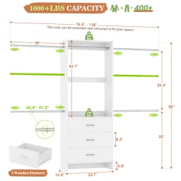 Aheaplus Closet System Closet Organizer with 3 Wooden Drawers Walk-in Closet Wardrobe with 4 Hanging Rods Clothes Rack Garment Organizer