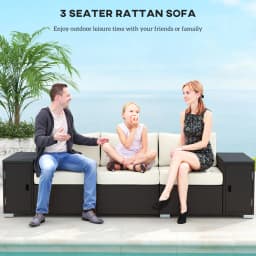 Wicker Outdoor Couch with Storage, Thickened Cushions, 3 Seater Patio Sofa with Wide Armrests and Seat for Porch, Garden, Yard, Cream White