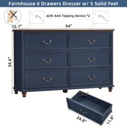 Farmhouse 6 Drawers Dresser for Bedroom, Vintage 54" Wide Chest of Drawers w/ 4 Wooden Legs, Rustic Large Closet, Customized