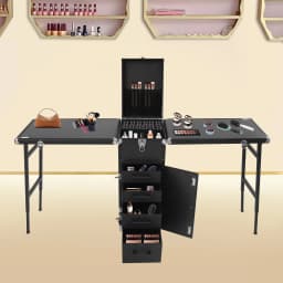 Dual Artist Portable Makeup Train Case, Portable Nail Table Desk with 4 Wheels, Rectangular Makeup Station Box for Professional Make-Up Artists, Hair Stylists