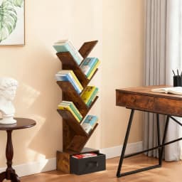 MCQ 7-Tier Tree Bookshelf with Drawer 43IN Wooden Narrow Slim Corner Bookshelf for Small Spaces Geometric Wooden Book Rack