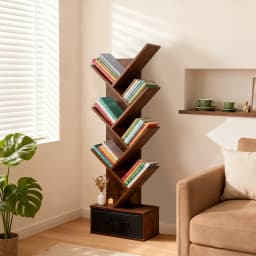 MCQ 7-Tier Tree Bookshelf with Drawer 43IN Wooden Narrow Slim Corner Bookshelf for Small Spaces Geometric Wooden Book Rack