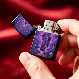 Reusable Flip-Top Pocket Windproof Lighter, Featuring Dreamy Sacred Figure Theme, Creative Purple-Toned Spiritual Geometric Pattern Design, Portable for Outdoor Use, Ideal for Personalized and Premium Gift-Giving