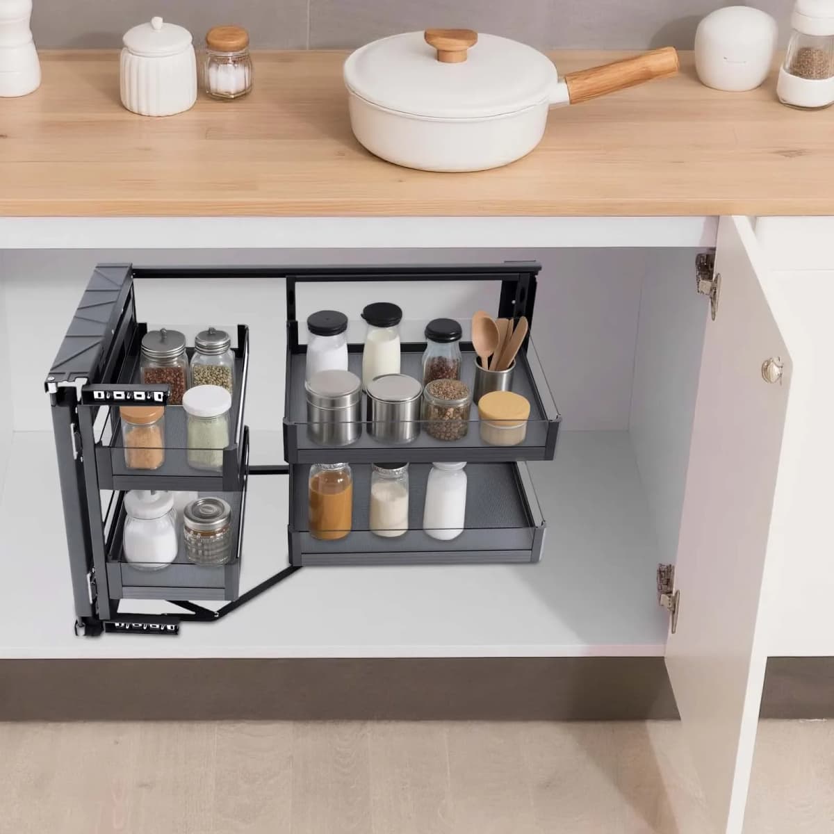 NEWEST 2-Tier W/4 Adjustable Baskets,Pull Out Cabinet Organizer, Fits 14"Opening&Soft-Close Mechanism for Kitchen Base Cabinet