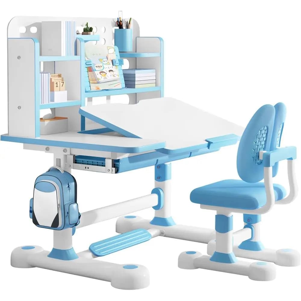 Kid's Study Desk and Chair Set, Height Adjustable Children's Desk and Chair Set with Bookshel and Storage Der, 50-Degree able De