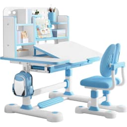 Kid's Study Desk and Chair Set, Height Adjustable Children's Desk and Chair Set with Bookshel and Storage Der, 50-Degree able De