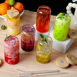 8pc, Glass Cup With Bamboo Lid And Glass Straw+Straw Brush, Exquisite Glass Cup, Essential For Furniture And Kitchen, Party Supplies, Straw Cup Perfect For Soda Water, Boba Tea, Iced Coffee Cup, 18.7oz