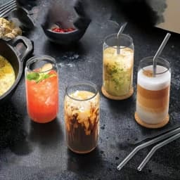 8pc, Glass Cup With Bamboo Lid And Glass Straw+Straw Brush, Exquisite Glass Cup, Essential For Furniture And Kitchen, Party Supplies, Straw Cup Perfect For Soda Water, Boba Tea, Iced Coffee Cup, 18.7oz