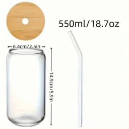 8pc, Glass Cup With Bamboo Lid And Glass Straw+Straw Brush, Exquisite Glass Cup, Essential For Furniture And Kitchen, Party Supplies, Straw Cup Perfect For Soda Water, Boba Tea, Iced Coffee Cup, 18.7oz