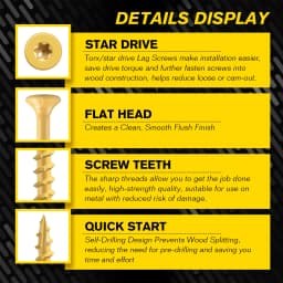 VKKM Yellow Wood Screws T25 Star Drive Self Tapping Screws Anti-Corrosion Fasteners with T25 Bit for Furniture Deck Timber Woodworking
