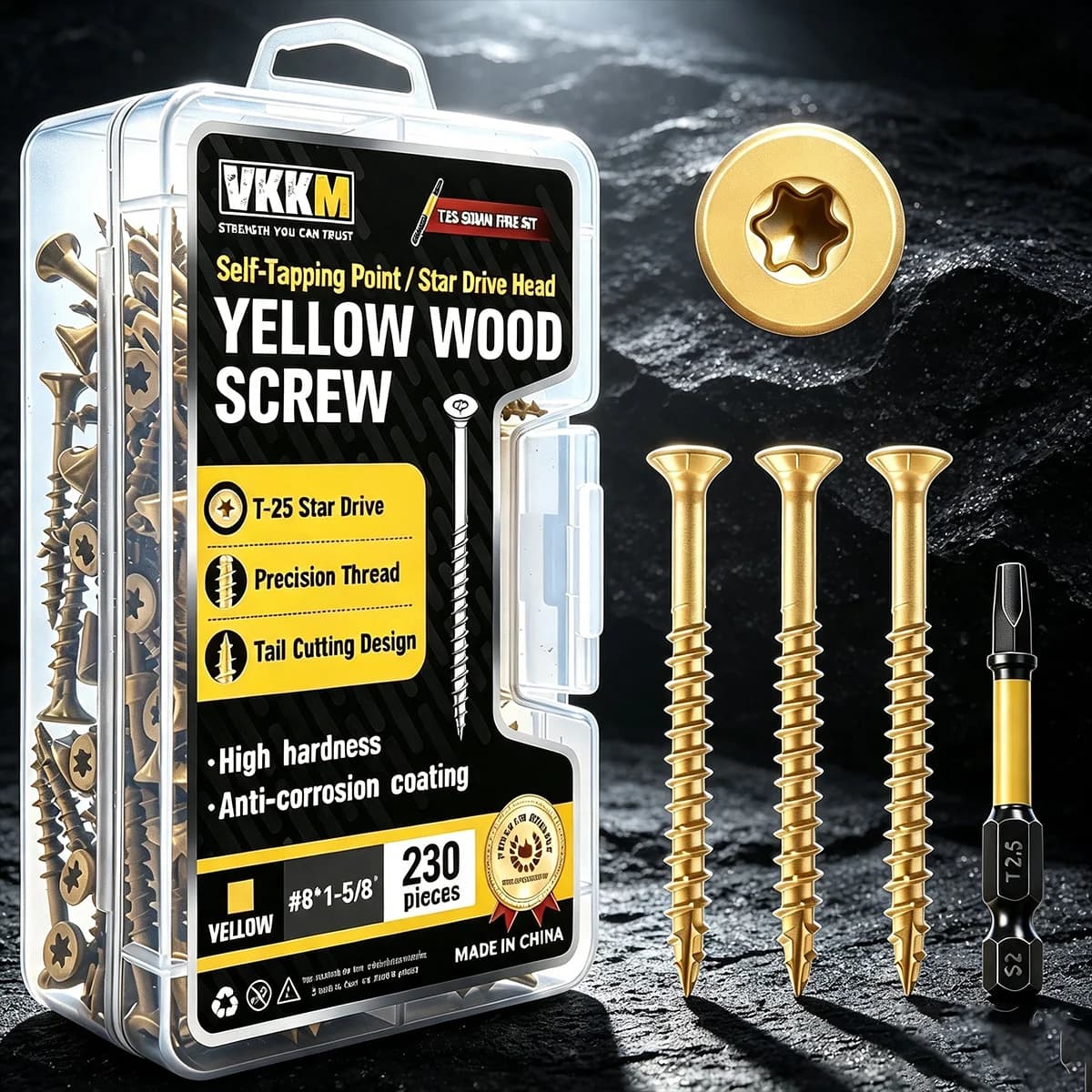 VKKM Yellow Wood Screws T25 Star Drive Self Tapping Screws Anti-Corrosion Fasteners with T25 Bit for Furniture Deck Timber Woodworking