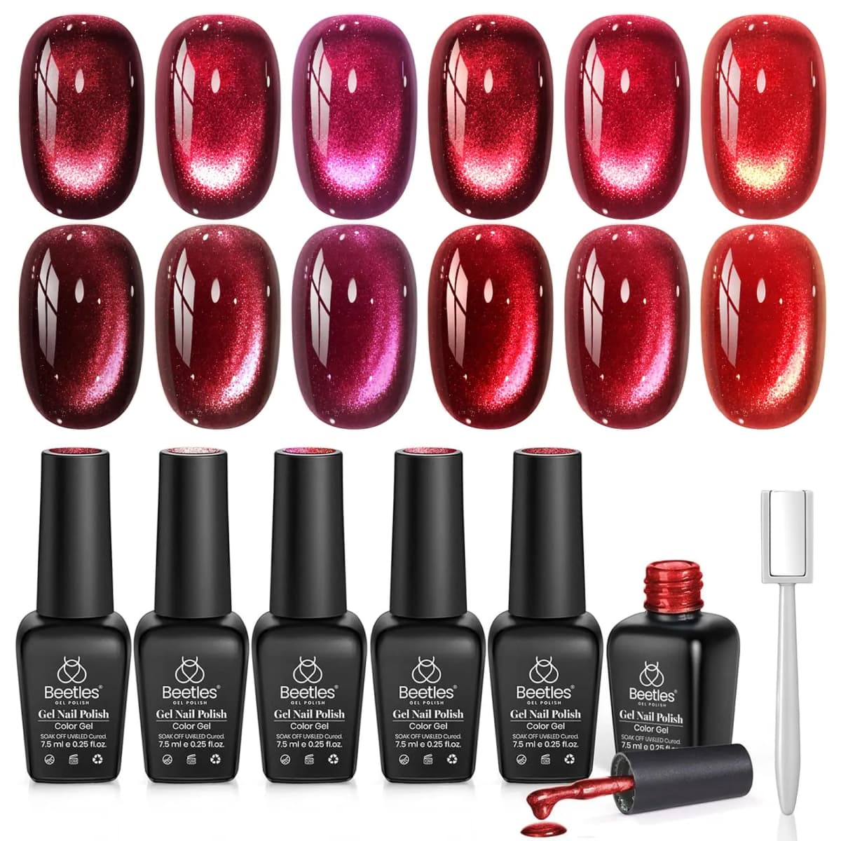 Beetles Red Cat Eye Gel Nail Polish Set, 6 Colors Glitter Red Gel Polish