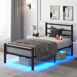 Twin Bed Frame With Charging Station And LED Lights, Metal Platform Bed Frame With Headboard And Footboard, Heavy Duty Steel Sla