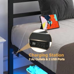 Twin Bed Frame With Charging Station And LED Lights, Metal Platform Bed Frame With Headboard And Footboard, Heavy Duty Steel Sla