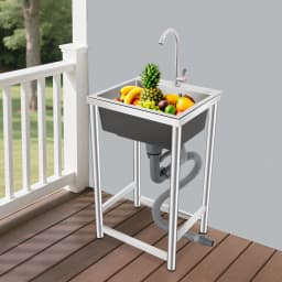 Stainless Steel Kitchen Sink with Faucet, Free Standing Utility Sink, 45x40x22cm Commercial Sink with Soundproof Pad, Fast Drain, for Home, Restaurant, Bar