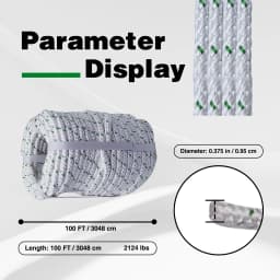 3/8 in X 100 ft. White-Green High-Strength Polyester Braided Rope with 2124 lbs. Maximum Pull, Tree Work Rope for Sailboat Camping and Horticultural Farm operations
