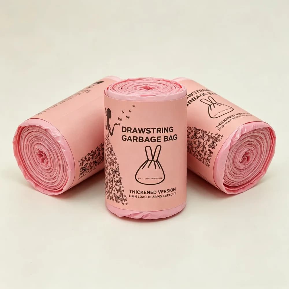 Pink Drawstring Trash Bags, Heavy Duty Large Disposable Garbage Bags, Leak Resistant Rubbish Bin Liners for Kitchen Home Outdoor Picnic, 1 Roll