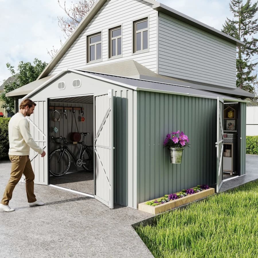10x12 FT Outdoor Metal Storage Shed, Large Storage Sheds with Sturdy Frame Structure, Metal Garden Tool Shed with Lockable Door