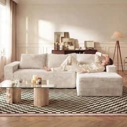 95 L-Shape Sectional Couch with Chaise, Corduroy Fabric, Memory Foam, No Assembly, Deep Seat, Beige