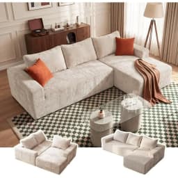95 L-Shape Sectional Couch with Chaise, Corduroy Fabric, Memory Foam, No Assembly, Deep Seat, Beige