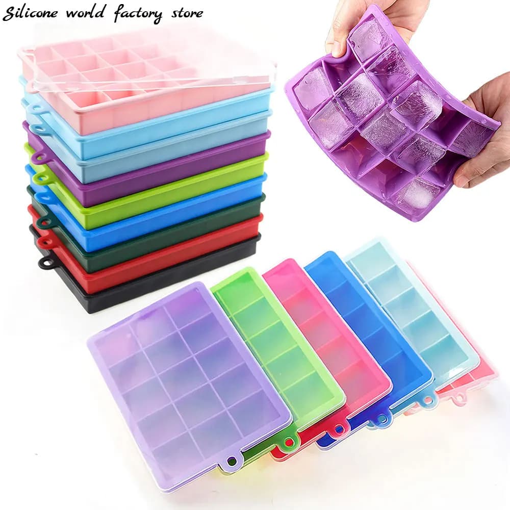 Silicone World Silicone Ice Cube Mold 15/24 Grids Square With Lids Trays Icecream Cold Drinks Whiskey Cocktails Tools Ice Mold