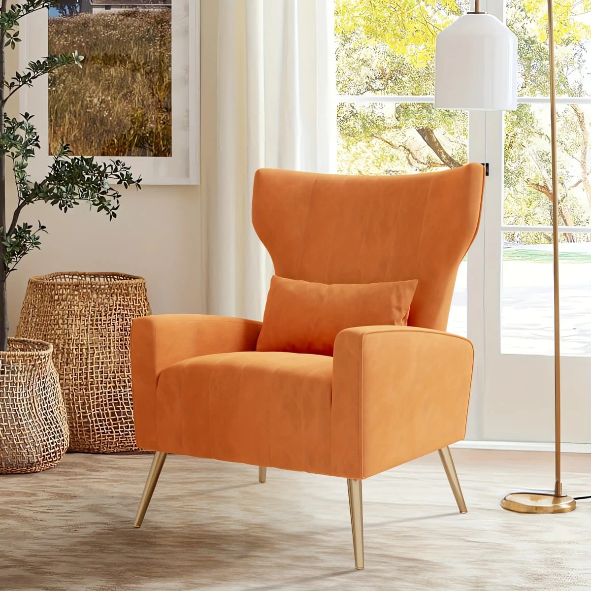 Velvet Fabric Upholstered Reading Comfy Mid Century Modern Armchair with Metal Legs And Spring Support, Accent Chair for Living Room