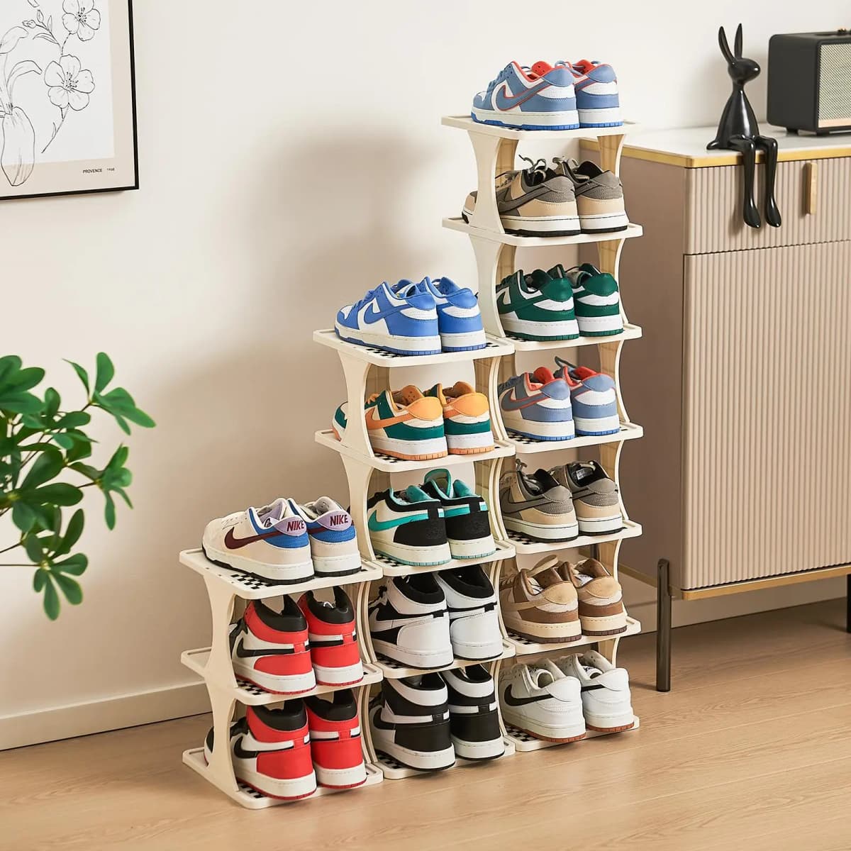 Foldable Shoe Rack 6/9-Tier Collapsible Shoe Organizer Space-Saving Vertical Shoe Storage Tower Freestanding Corner Shoe Shelf Cabinet Multifunctional Stand for Home Entryway Closet
